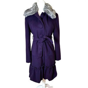 BANANA USA Fur Collar Purple Lined Coat Jacket w Ruffle Tie Belt Size Large